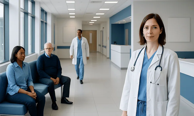 Healthcare professionals and patients in a modern hospital corridor.