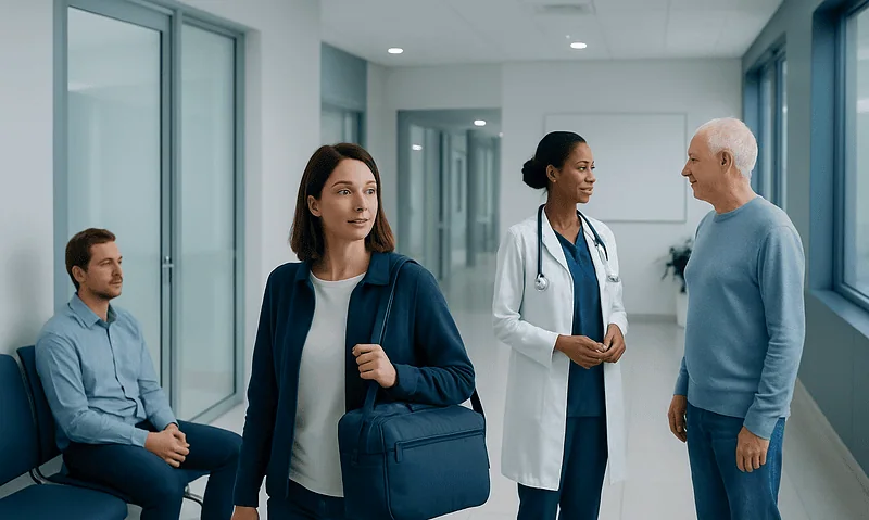 Hospital corridor with patients and medical staff engaging in conversation.