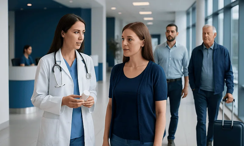 Doctor consulting a patient in a hospital corridor with visitors in the background.