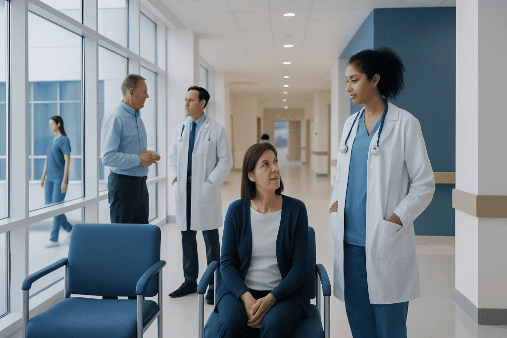 At Acibadem, How We Manage Your Medicines Before and After Treatment 1 Healthcare professionals and patient in hospital corridor.