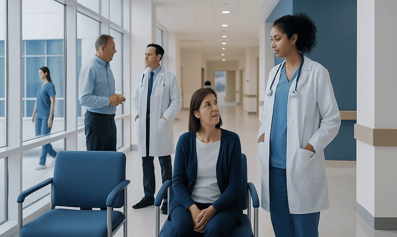 Healthcare professionals and patient in hospital corridor.
