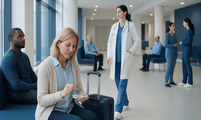 Patients waiting in a hospital corridor with a healthcare professional walking by.