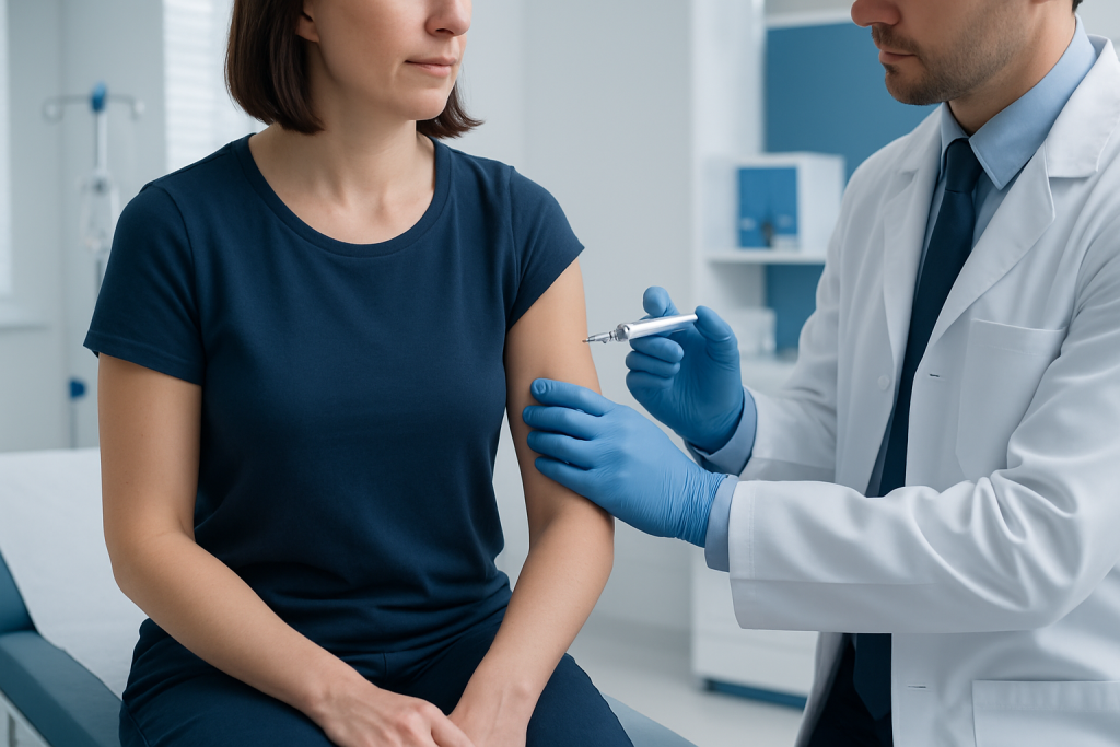 Medical professional administering an intramuscular injection to a patient in a clinical setting.