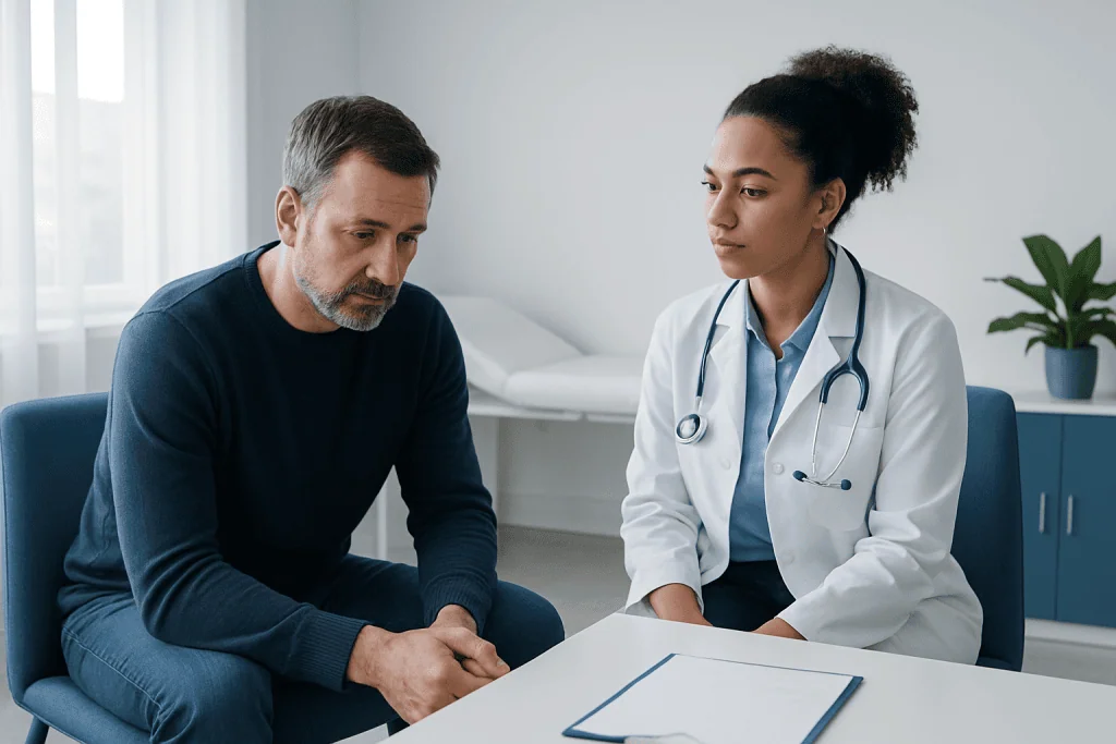 Doctor consulting with male patient in a medical office setting.