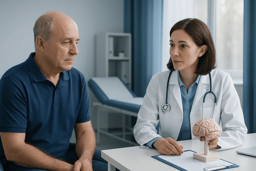 Doctor discussing brain health with patient in a medical consultation.
