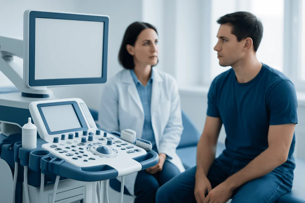 Doctor explaining ultrasound results to a young male patient in a clinic.