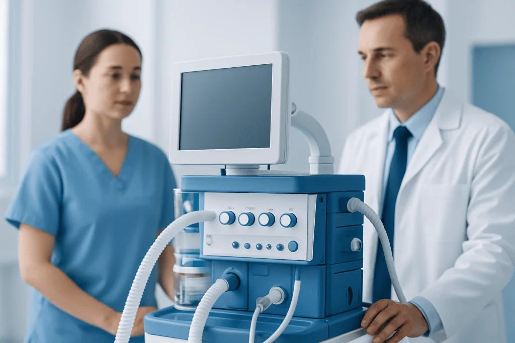 Medical professionals operating a modern ventilator in a hospital setting.