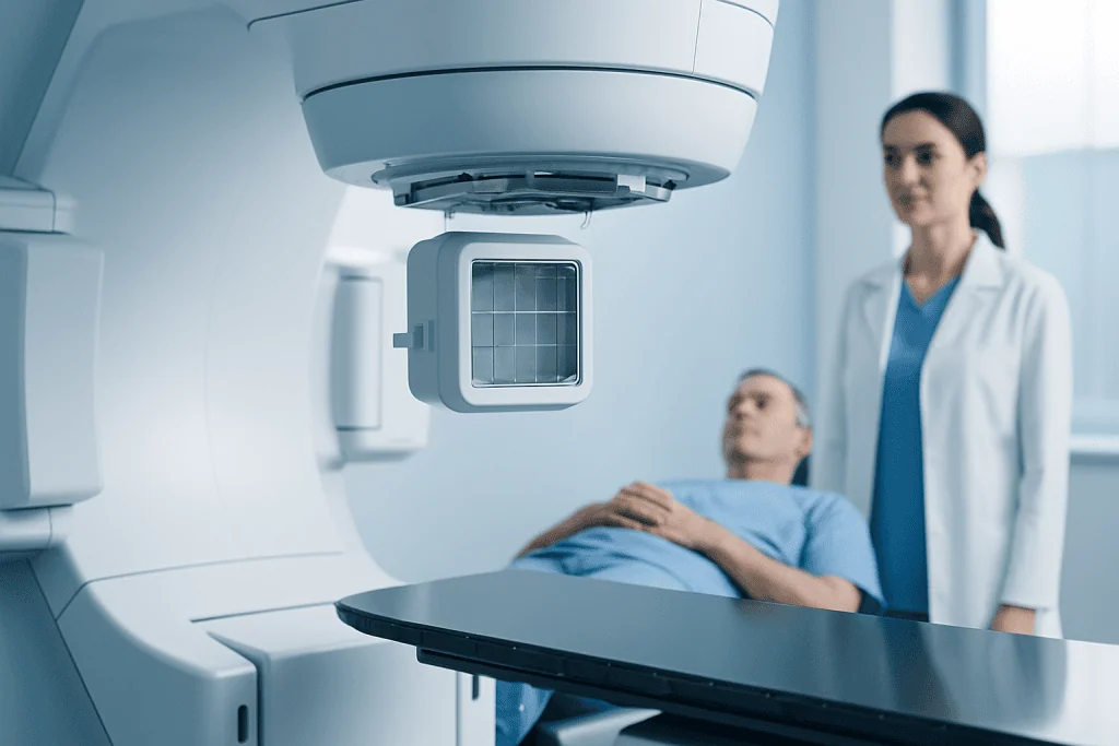 Medical imaging machine preparing to scan patient in hospital setting.