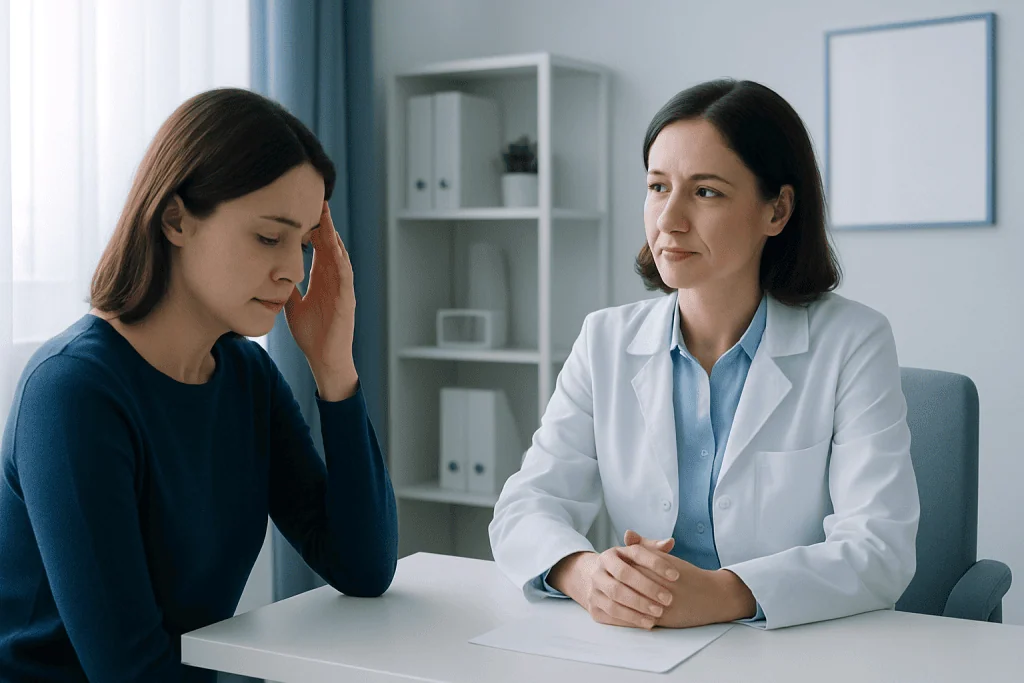 Woman experiencing headache consults with doctor in a clinic setting.