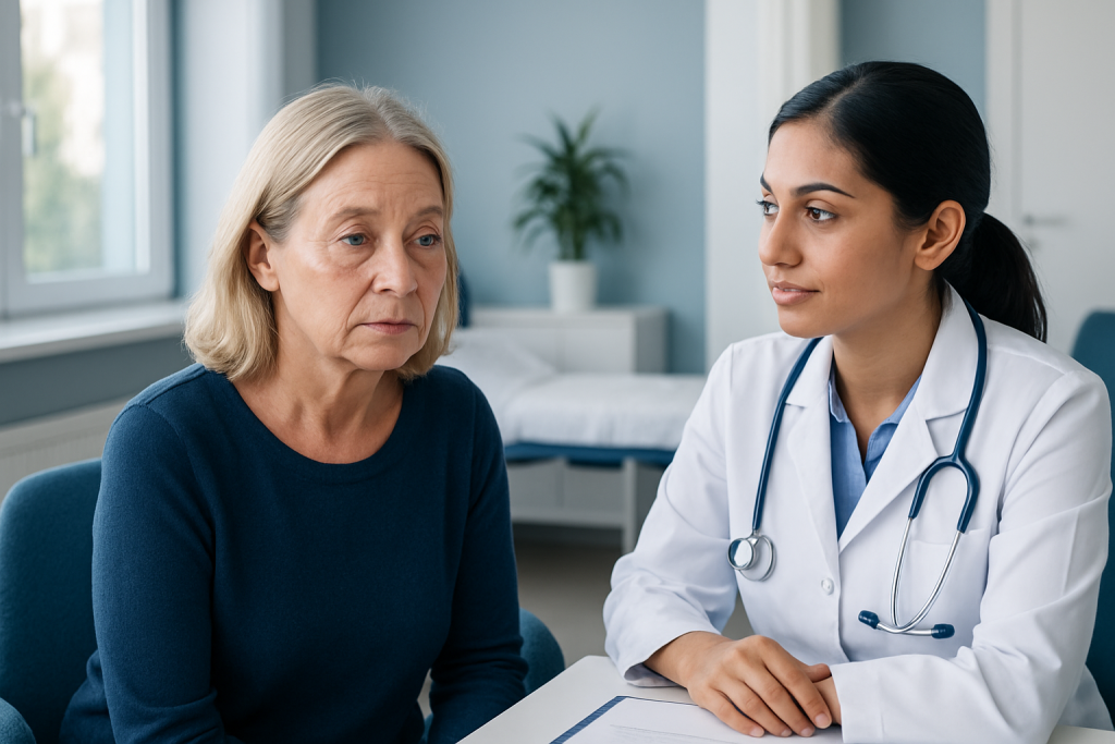 Doctor consulting with an elderly woman in a medical office setting.