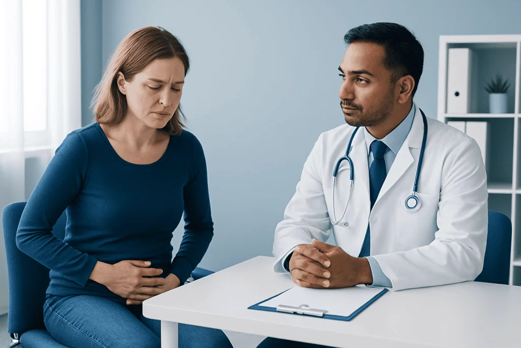 Doctor consulting with a woman patient about digestive health issues.