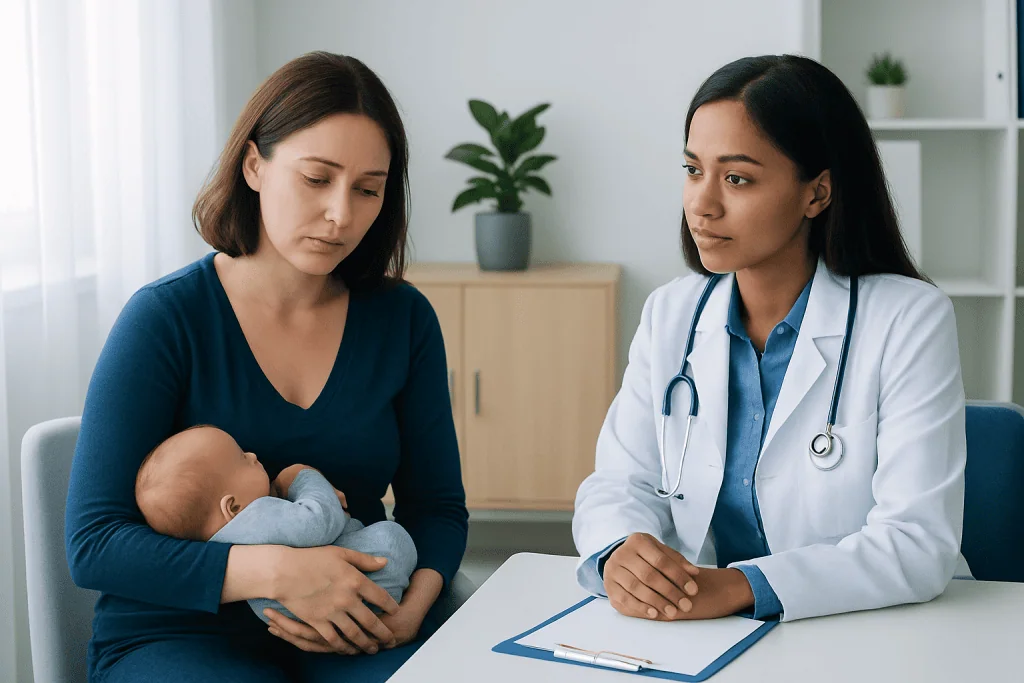Mother with newborn discussing breastfeeding with doctor in clinic.