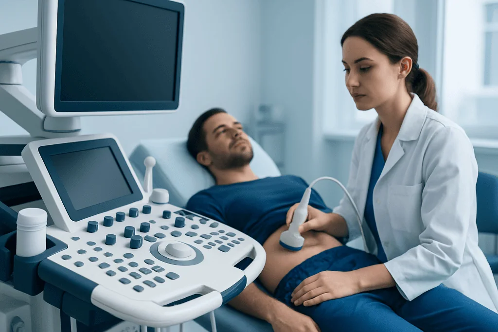 Doctor performing an ultrasound on a patient in a hospital room.