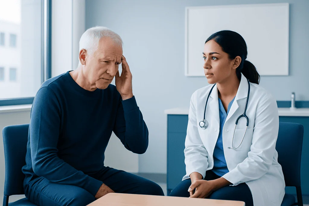 Elderly man consulting with a doctor about stroke symptoms in a hospital.