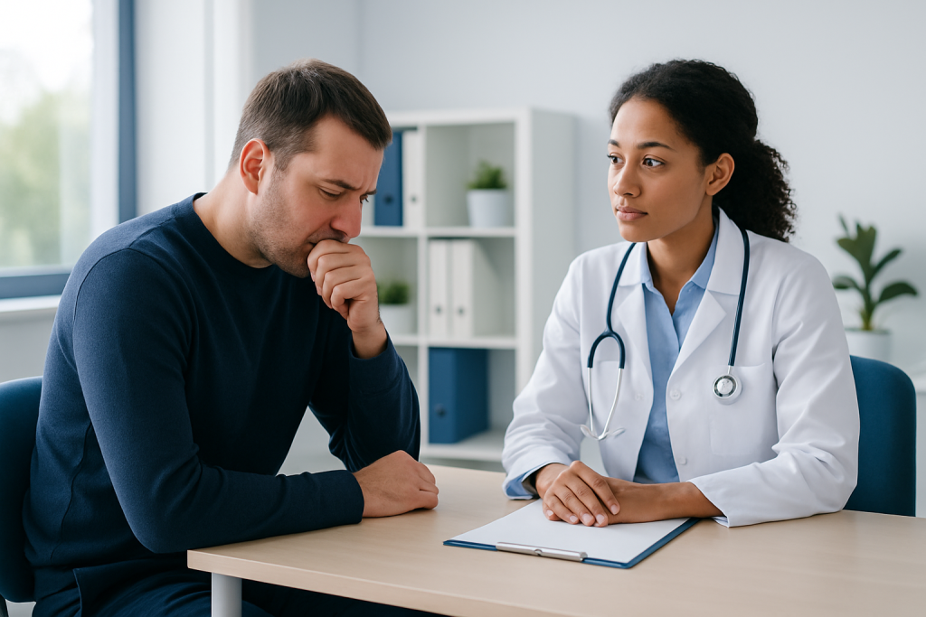 Doctor consulting with patient in a medical office setting.