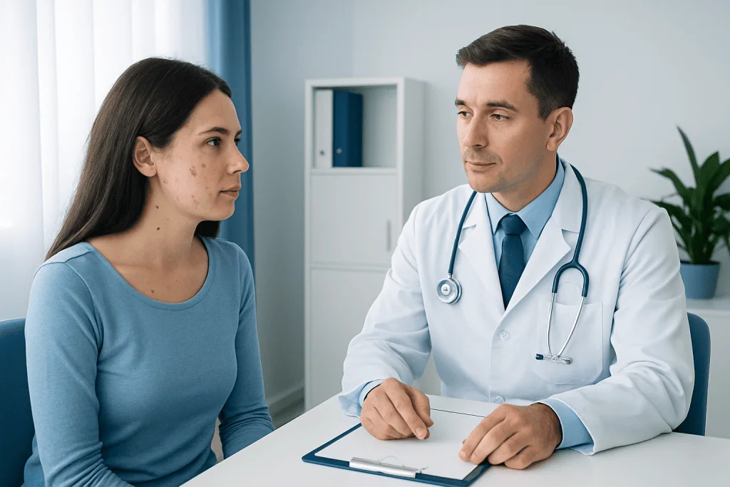 Doctor consulting with a patient about skin moles in a medical office.