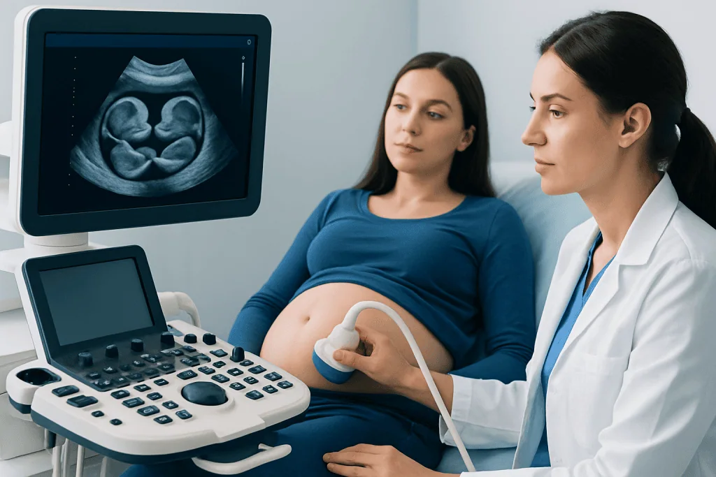 Pregnant woman undergoing ultrasound scan at Acibadem Hospital.