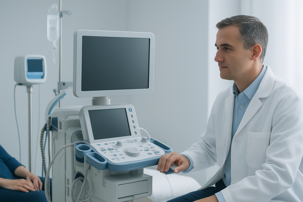 Medical professional using ultrasound equipment in a hospital setting.