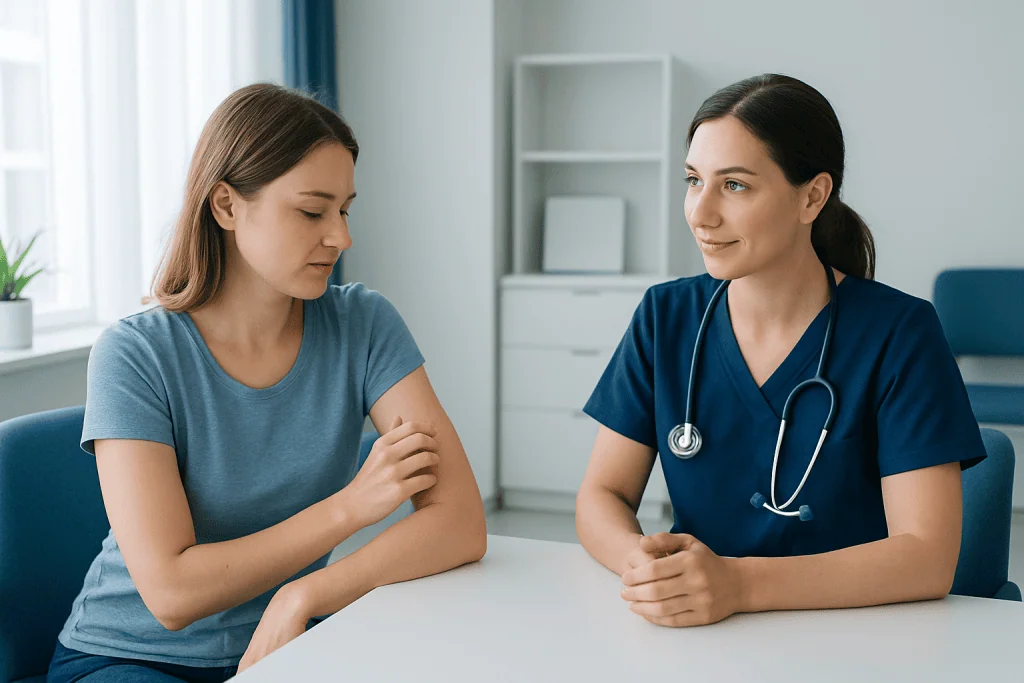 Doctor consulting a young woman about mosquito bites in a clinic setting.