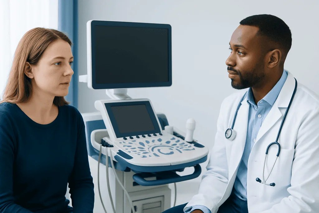 Doctor consulting with a patient in a medical examination room.