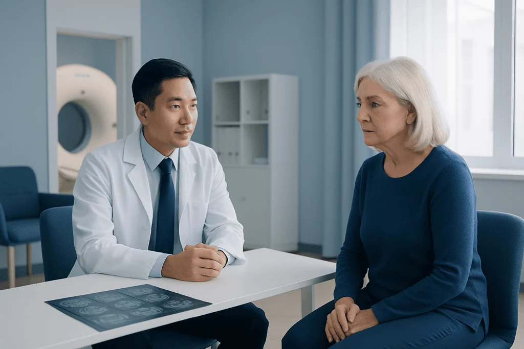 Doctor consulting with an elderly woman about MRI safety and metal implants.