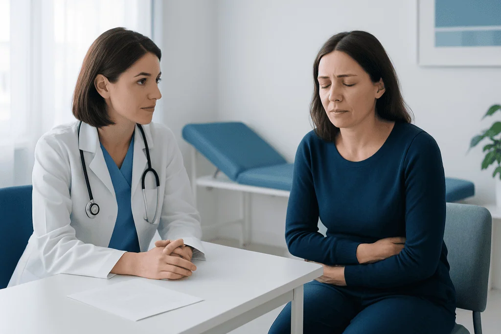 Doctor consulting with a patient about MS symptoms in a clinical setting.