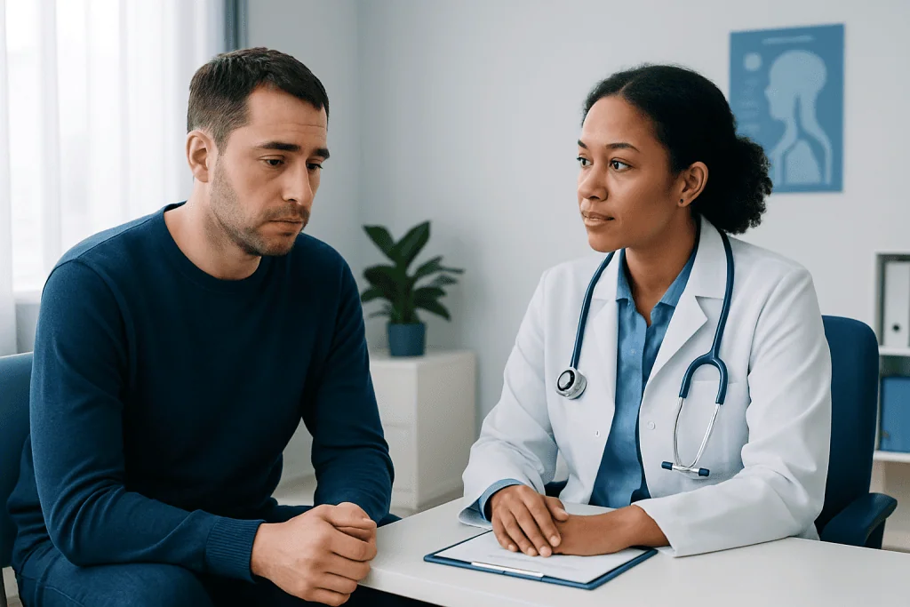 Doctor consulting with a patient in a medical office setting.