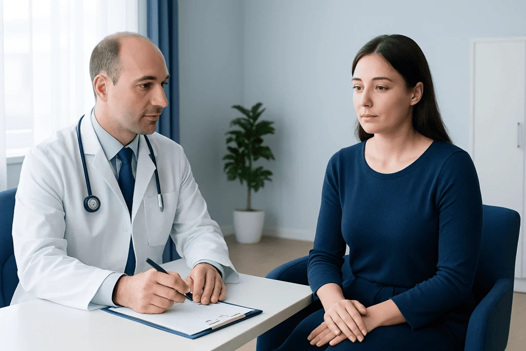 Doctor consulting with a female patient in a medical office.
