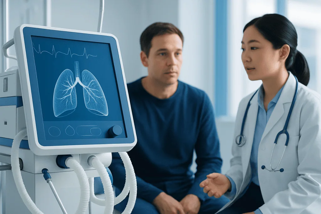 Doctor explaining lung scan results to patient in a hospital setting.
