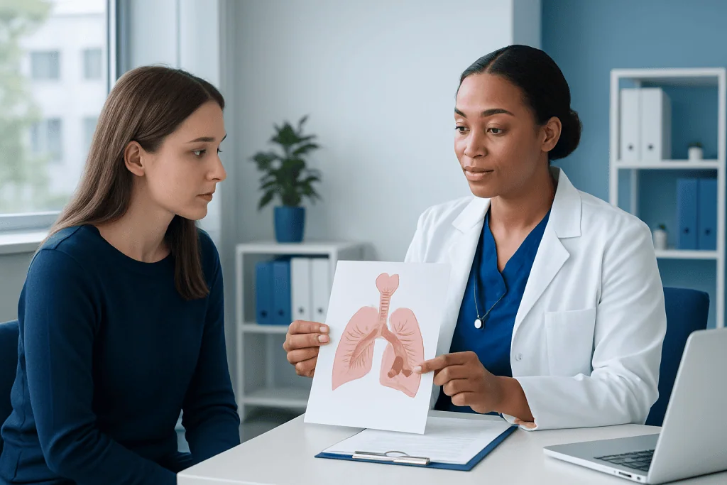 Doctor explaining lung anatomy to a patient with a diagram.