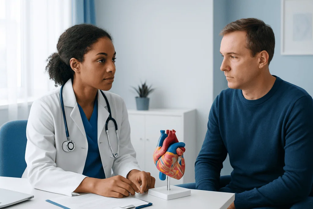 Doctor explaining heart health to a patient with a heart model.