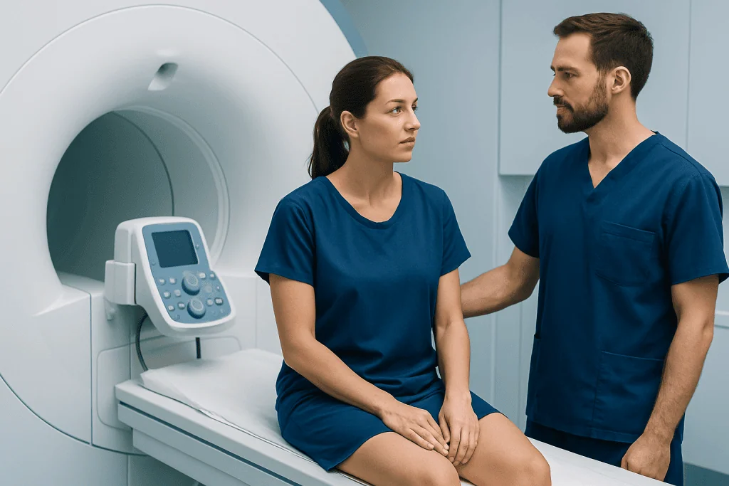 Medical professionals preparing for an MRI scan in a hospital setting.