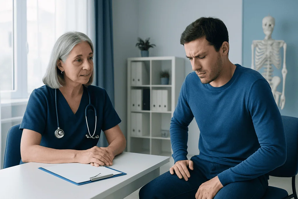 Doctor consulting with a patient about muscle spasm treatment options.