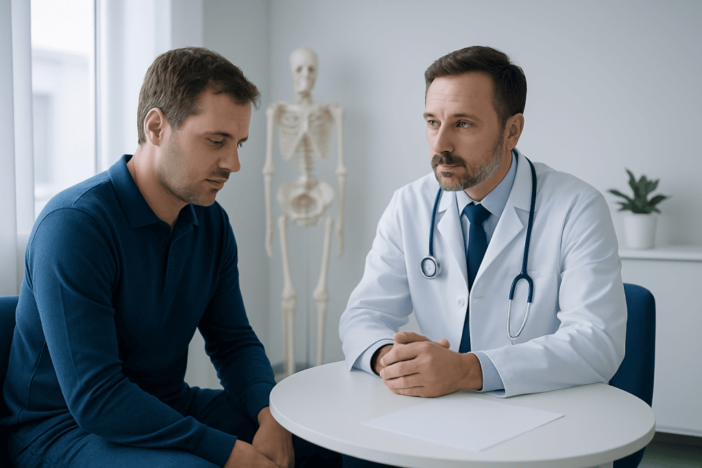 Doctor consulting with a patient about muscle weakness in a medical office.