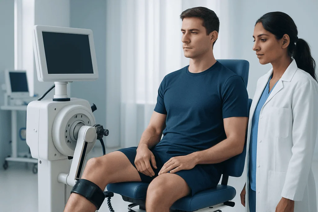 Medical examination of a man with a knee injury using a specialized device.