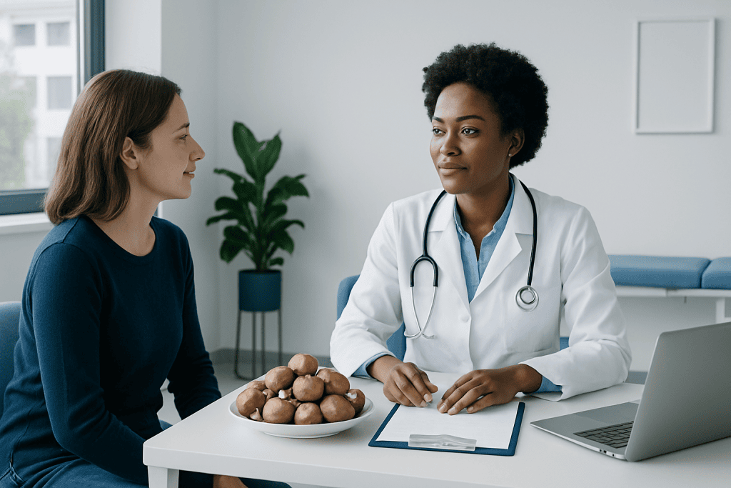 Doctor consulting with patient about mushrooms and nutrition in a clinic setting.