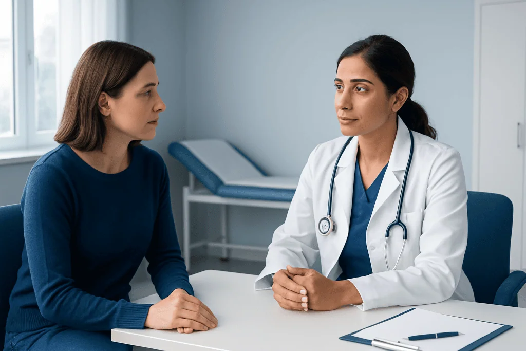 Doctor consulting with patient in a medical office setting.