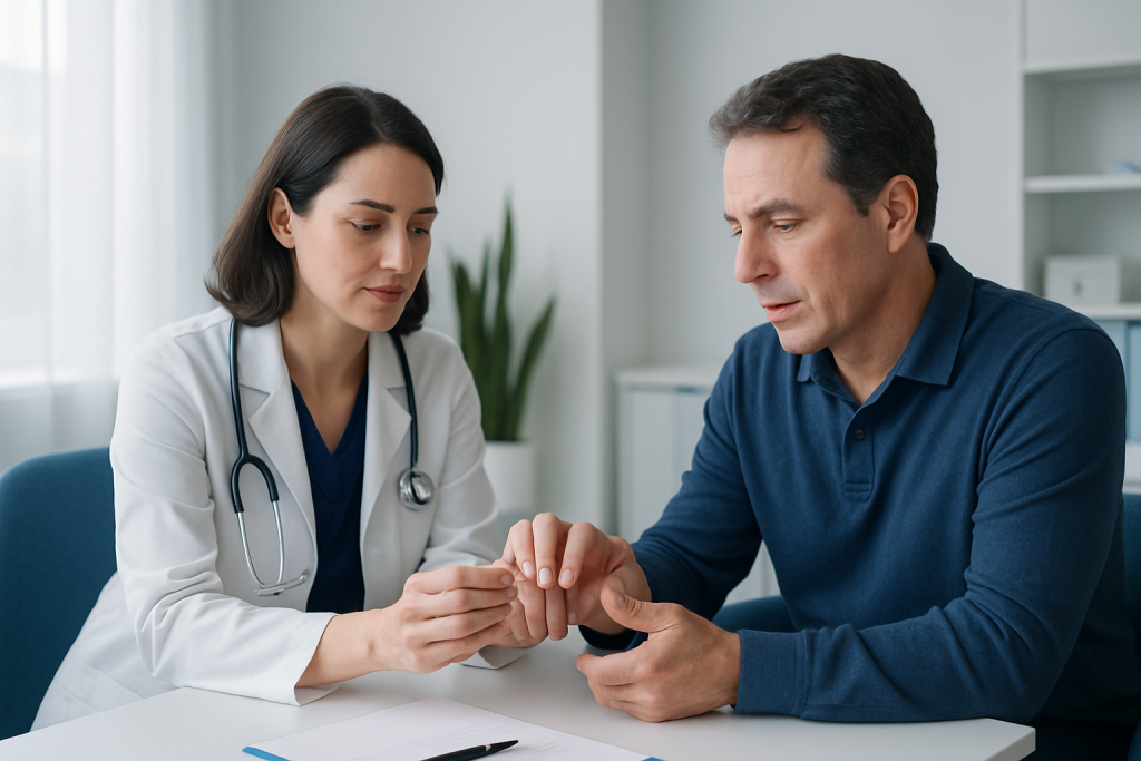 Doctor examining patient's fingernail for fungal infection at clinic.