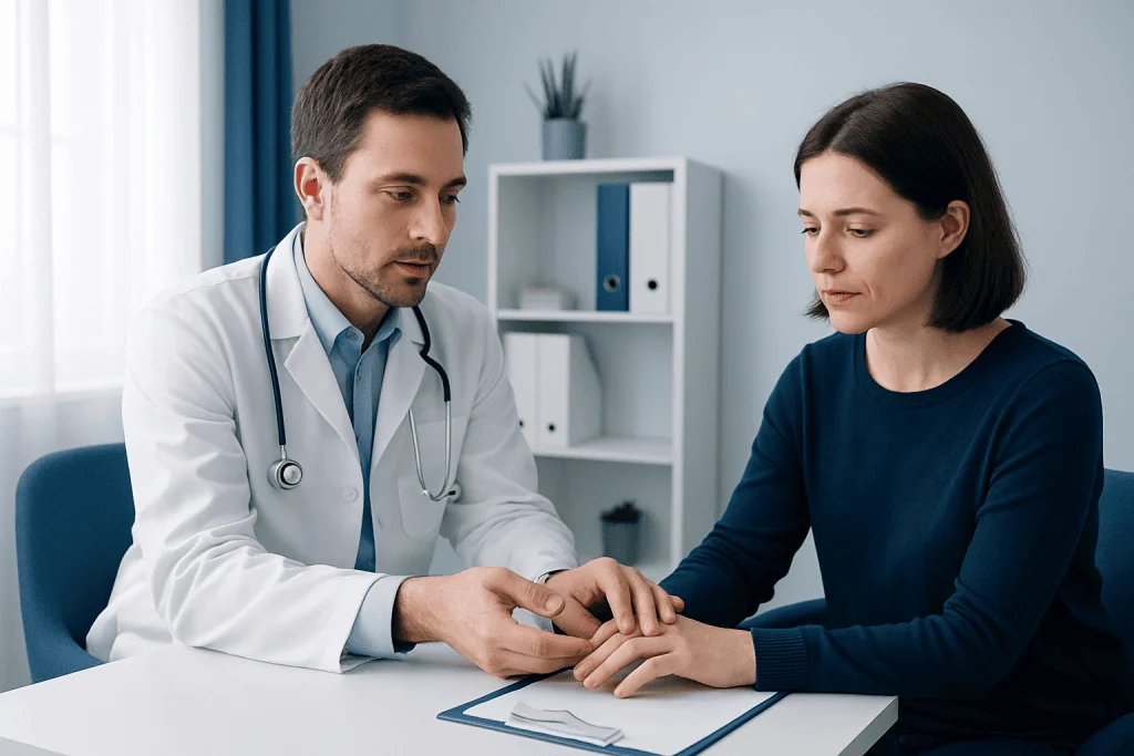 Doctor examining patient's hand in a consultation room.