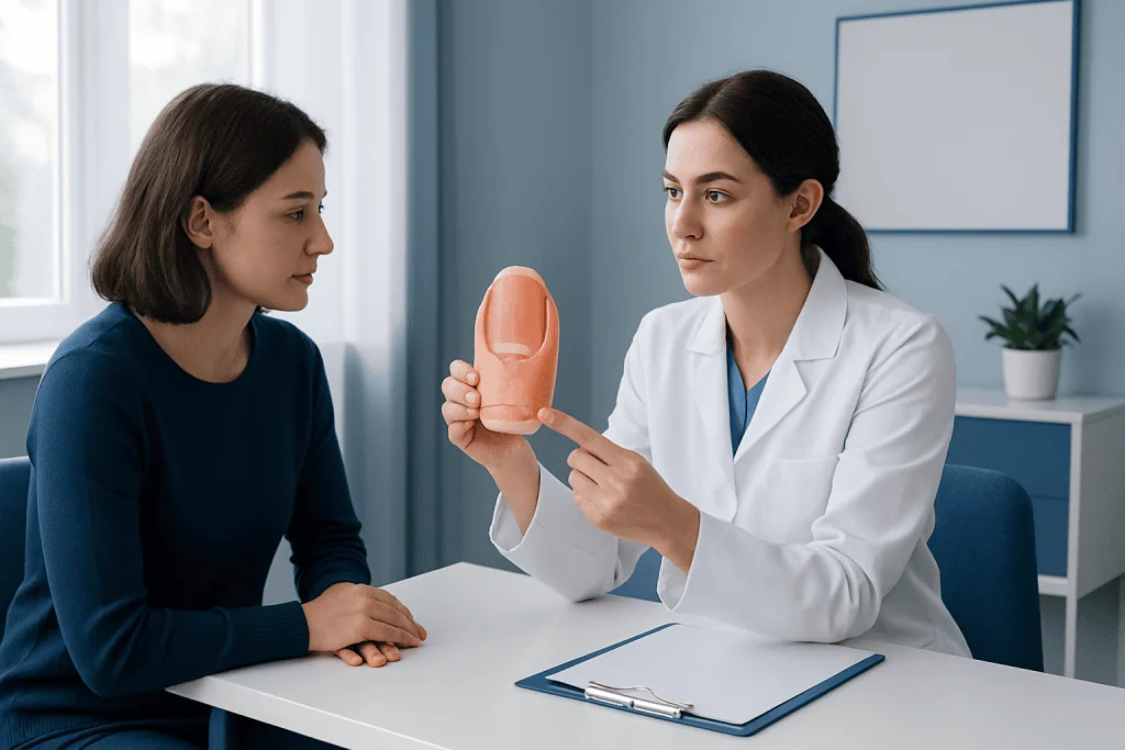 Doctor explaining fingernail structure to patient with model.