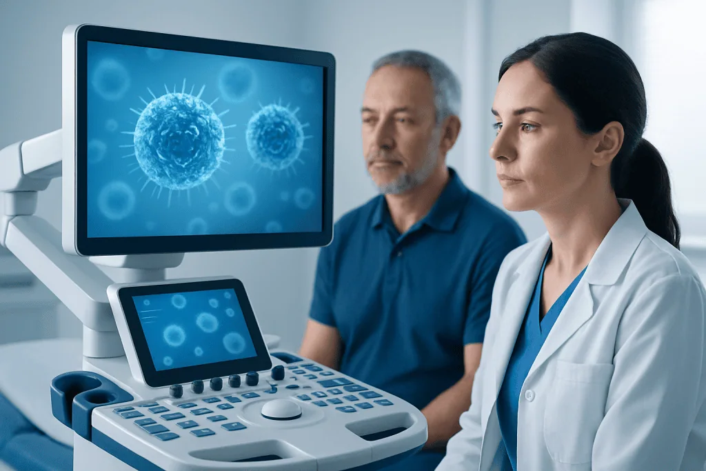Medical professionals analyze virus images on ultrasound screen at Acibadem Hospital.
