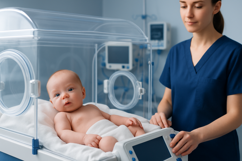 Baby in incubator with healthcare professional in neonatal care unit.