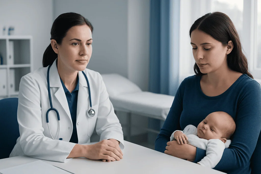 Doctor consulting with mother and newborn in hospital setting.