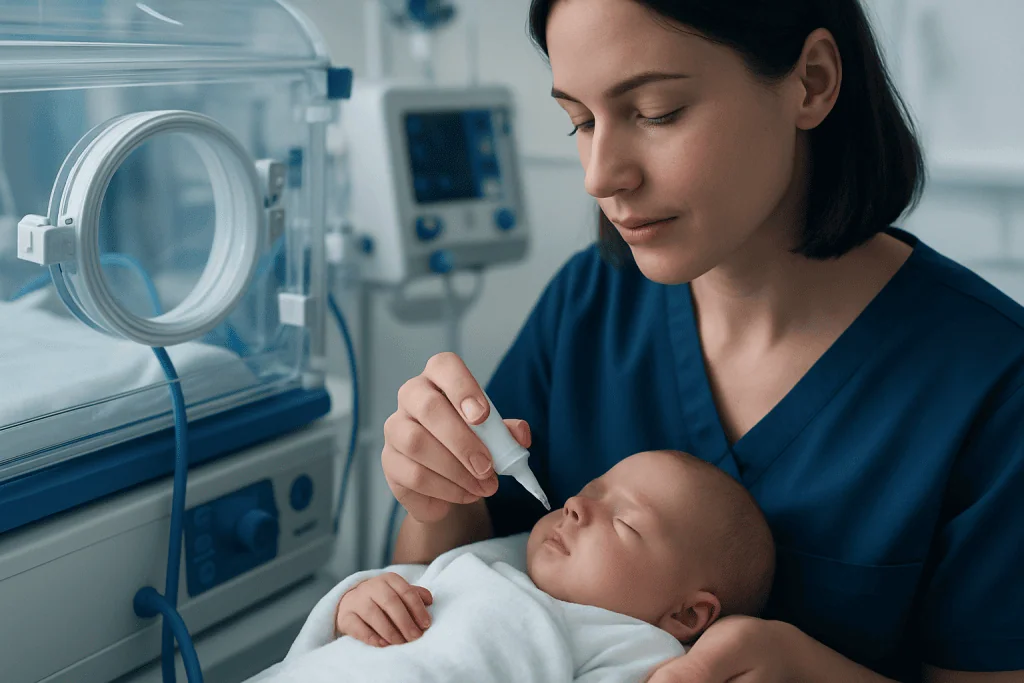 Pediatric nurse administering saline drops to a newborn in hospital.