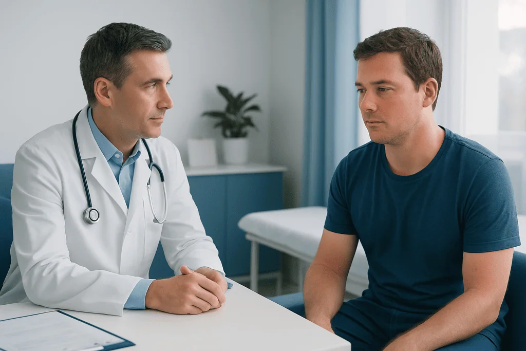 Doctor consulting with a young male patient in a medical office.