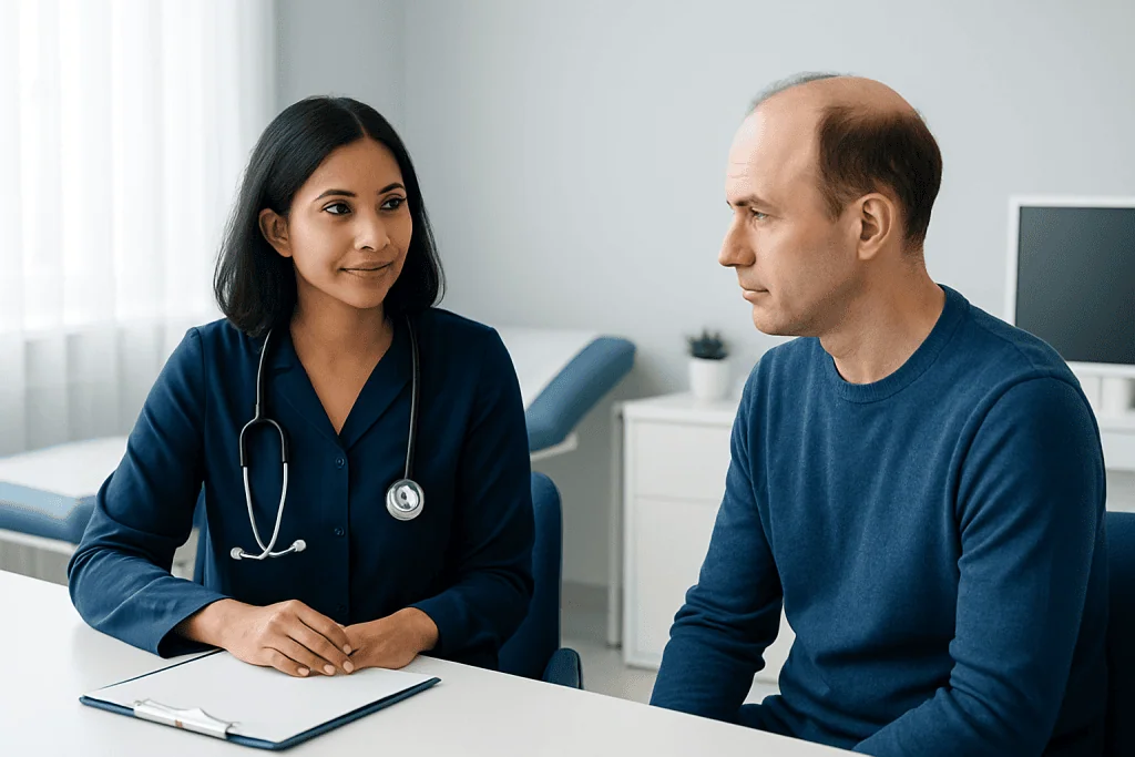 Doctor consulting with male patient in a modern clinic setting.
