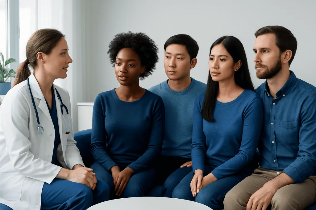 Doctor consulting diverse patients in a medical office.