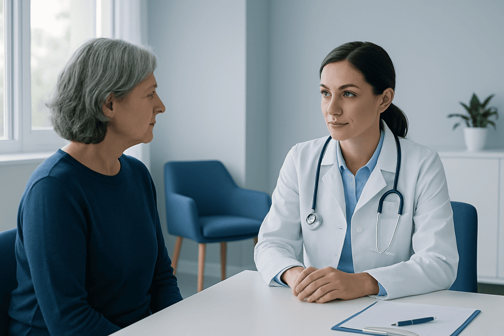 Doctor consulting with an elderly female patient in a medical office.