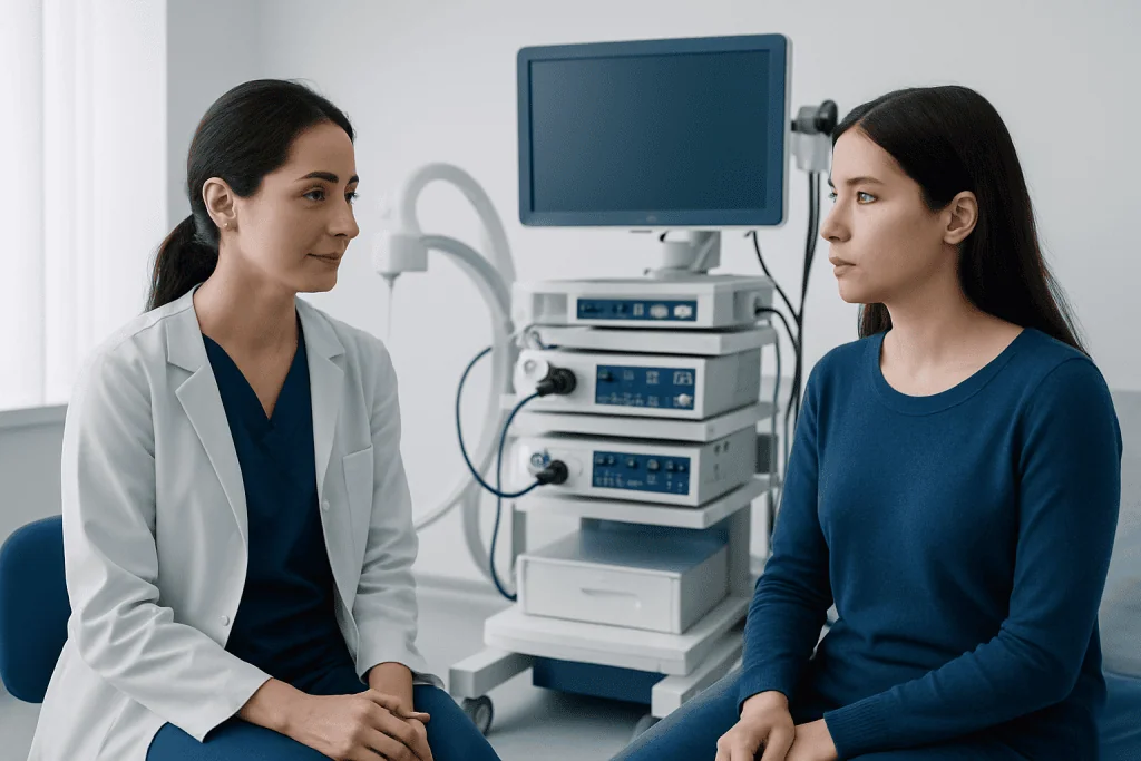 Doctor consulting patient in a medical examination room with diagnostic equipment.
