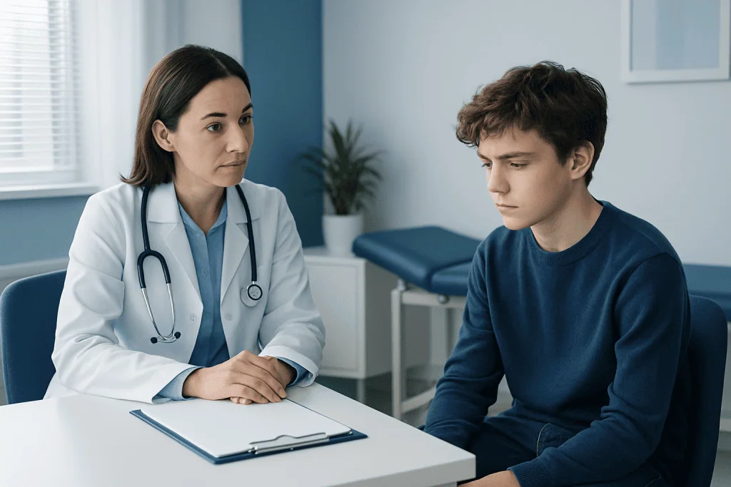 Doctor consulting with a young male patient in a medical office.